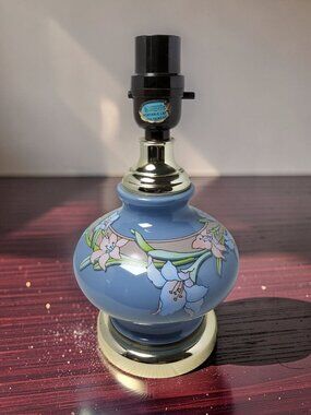 Vintage Small Light Blue Floral Molded Glass Table Lamp.